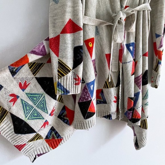 Desigual Asymmetric Open Knit Long Cardigan Colorful Geometric Belt Sweater Sz M - Picture 7 of 12